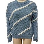 Blue and white striped knit sweater displayed on a mannequin, perfect for casual or cozy winter wear.