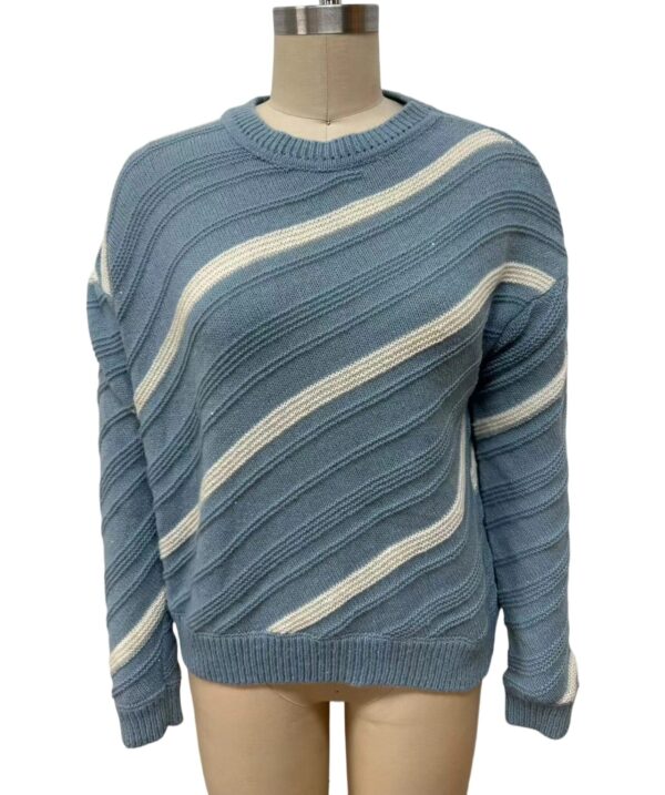 Blue and white striped knit sweater displayed on a mannequin, perfect for casual or cozy winter wear.