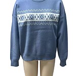 Blue winter sweater featuring a white snowflake and geometric pattern across the chest, long sleeves, and crew neckline, ideal for cold weather.