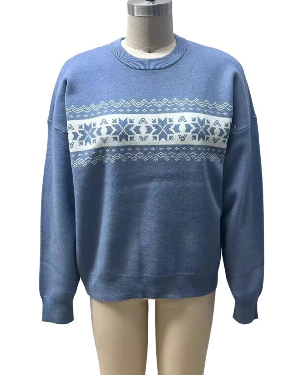 Blue winter sweater featuring a white snowflake and geometric pattern across the chest, long sleeves, and crew neckline, ideal for cold weather.