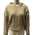 Beige cable knit hoodie with a hood, long sleeves, and textured pattern, perfect for casual winter wear.