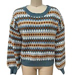 Women's cozy sweater with a multicolored geometric pattern in shades of blue, brown, white, and beige, featuring a round neckline and long sleeves.