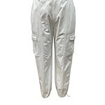 White lightweight cargo jogger pants with drawstring hem, multiple pockets, and elastic cuffs, perfect for casual and athletic wear.