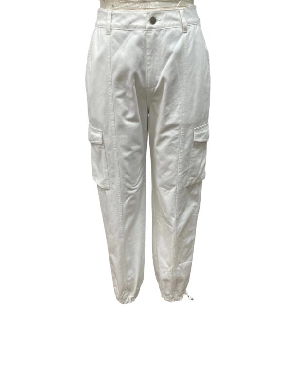 White lightweight cargo jogger pants with drawstring hem, multiple pockets, and elastic cuffs, perfect for casual and athletic wear.