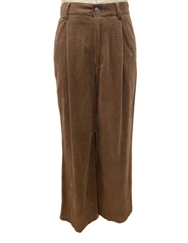 Stylish brown corduroy wide-leg pants for women, featuring a high waist, front button closure, and relaxed fit, perfect for casual or office wear.