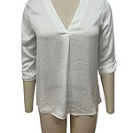 White women's blouse with V-neck and three-quarter sleeves, perfect for casual or office wear, made from lightweight fabric.
