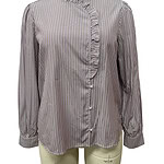 Elegant women's blouse with vertical black and white stripes, ruffled front detail, high neckline, and long sleeves, perfect for office or casual wear.