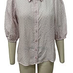 Stylish pink and white striped women's blouse with puff sleeves and button-up front, perfect for casual or office wear.