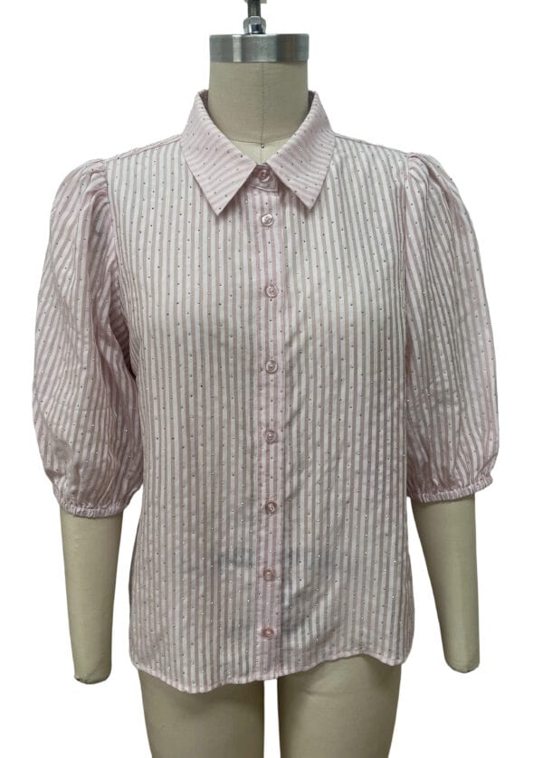 Stylish pink and white striped women's blouse with puff sleeves and button-up front, perfect for casual or office wear.