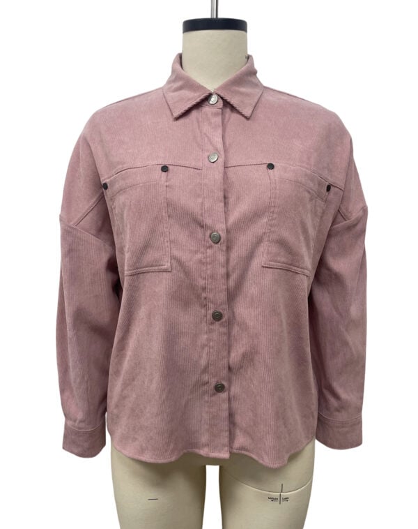 Elegant pink corduroy shirt with button-down front and chest pockets, perfect for casual or semi-formal wear, available at NB Fish Fashion.