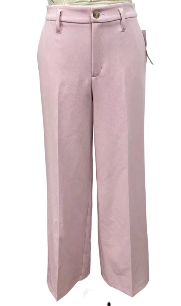 Stylish light pink wide-leg trousers with a high waist, perfect for casual or formal wear, featuring a button and zipper closure.