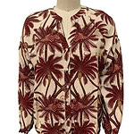 Women's tropical palm tree print jacket in beige and maroon, featuring a relaxed fit and front zipper, perfect for casual summer wear.