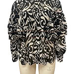 Stylish women's blouse with black and beige animal print, featuring ruffled layers and long sleeves, perfect for casual or semi-formal occasions.