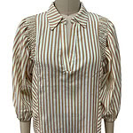 Elegant women's blouse with beige and white vertical stripes, puff sleeves, and a classic collar, perfect for casual or office wear.