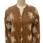 Elegant brown jacket with white floral print, front zipper, and elastic cuffs, perfect for casual or semi-formal wear.