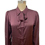 Elegant burgundy satin blouse with a bow tie collar, long sleeves with elastic cuffs, perfect for formal or office wear.