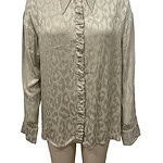 Beige satin blouse with leopard print pattern, button-up front, and classic collar, perfect for stylish casual or office wear.