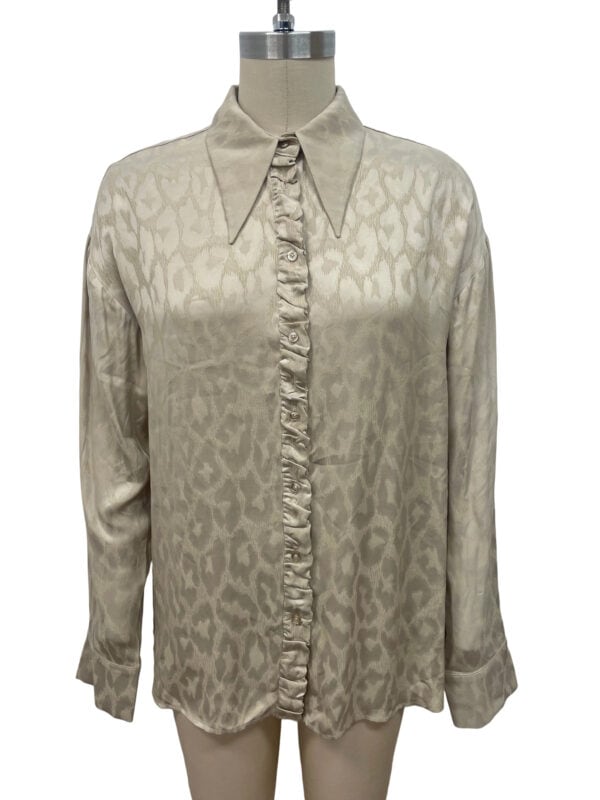 Beige satin blouse with leopard print pattern, button-up front, and classic collar, perfect for stylish casual or office wear.