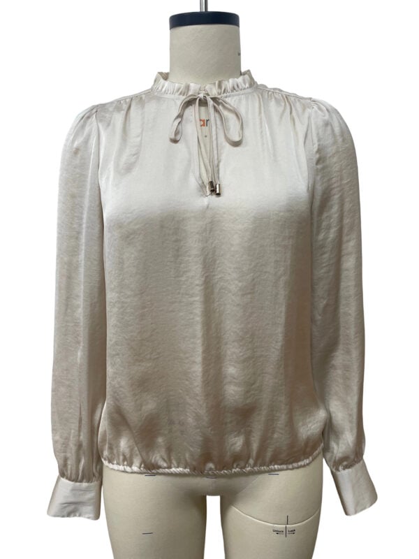 Elegant satin blouse with a high neckline, long sleeves, and a tie detail at the collar, perfect for stylish and sophisticated outfits.