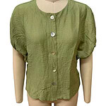 Stylish green short-sleeve blouse with button closure, perfect for casual or office wear, made from lightweight, textured fabric.