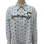 Stylish women's button-down shirt with playful cartoon character and text design, featuring vertical stripes and small bow motifs, perfect for casual wear.