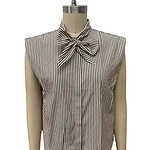 Elegant sleeveless blouse with vertical brown and white stripes and a bow tie at the collar, perfect for stylish office wear or casual outings.
