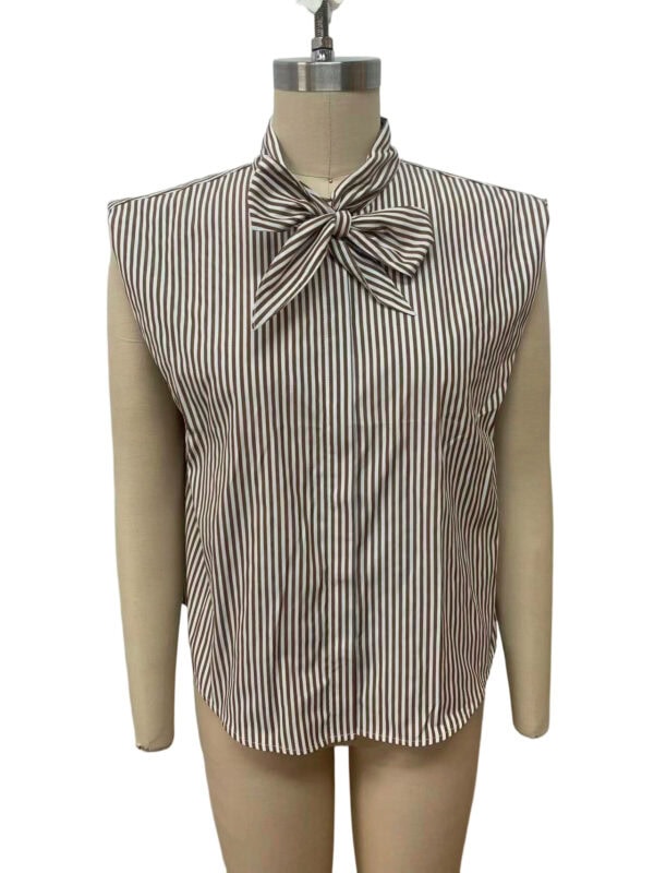 Elegant sleeveless blouse with vertical brown and white stripes and a bow tie at the collar, perfect for stylish office wear or casual outings.