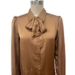 Stylish brown satin blouse with a bow tie collar, long sleeves with ruffled cuffs, perfect for office or casual wear.