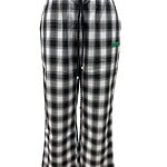 Comfortable black and white plaid pajama pants with elastic waistband and drawstring, perfect for loungewear or sleepwear.
