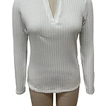 White ribbed long-sleeve polo shirt with collar, perfect for casual or office wear, made from comfortable fabric, displayed on a mannequin.