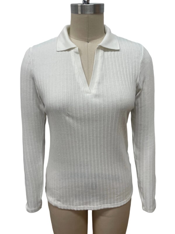 White ribbed long-sleeve polo shirt with collar, perfect for casual or office wear, made from comfortable fabric, displayed on a mannequin.