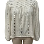 White eyelet blouse with long sleeves and intricate cut-out patterns, perfect for casual or semi-formal occasions, showcasing stylish and breathable fabric.