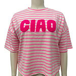 Pink and white striped casual T-shirt with bold 'CIAO' lettering in pink on the front, perfect for stylish everyday wear.