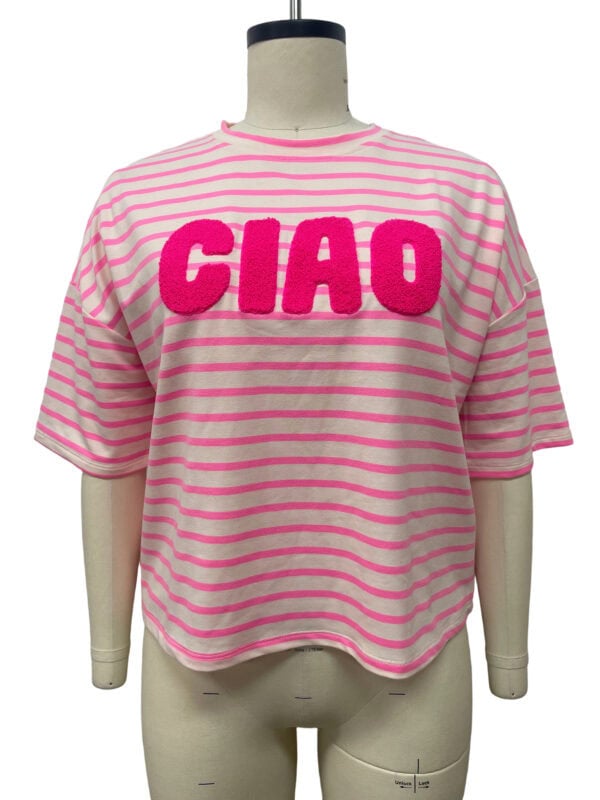 Pink and white striped casual T-shirt with bold 'CIAO' lettering in pink on the front, perfect for stylish everyday wear.