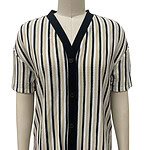 Women's striped knit cardigan with black trim, short sleeves, and button closure, perfect for casual and stylish wear.