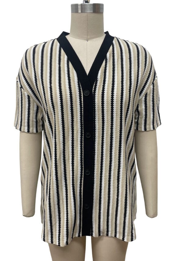 Women's striped knit cardigan with black trim, short sleeves, and button closure, perfect for casual and stylish wear.