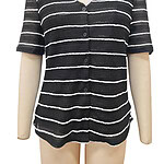Women's black and white striped short-sleeve cardigan with V-neck and button closure, perfect for casual or office wear.