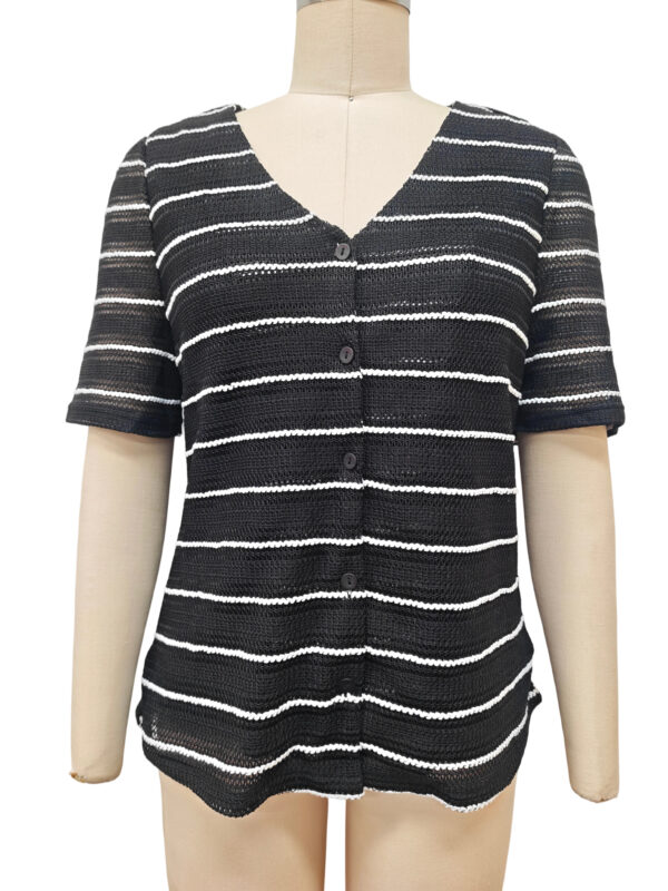 Women's black and white striped short-sleeve cardigan with V-neck and button closure, perfect for casual or office wear.