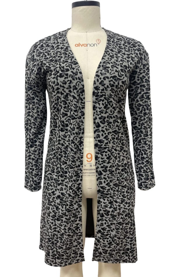 Stylish women's long cardigan with a black and gray leopard print, open front design, perfect for casual or chic outfits.