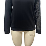 Stylish black women's sweater featuring sheer fabric with intricate patterns on the shoulder and sleeve, perfect for casual or semi-formal wear.