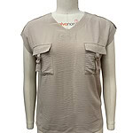 Beige casual women's top with front pockets and zip details, perfect for everyday wear and fashion-forward looks.