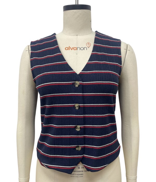 Stylish navy blue sleeveless vest with red and white horizontal stripes, button-up front, perfect for casual or office wear.