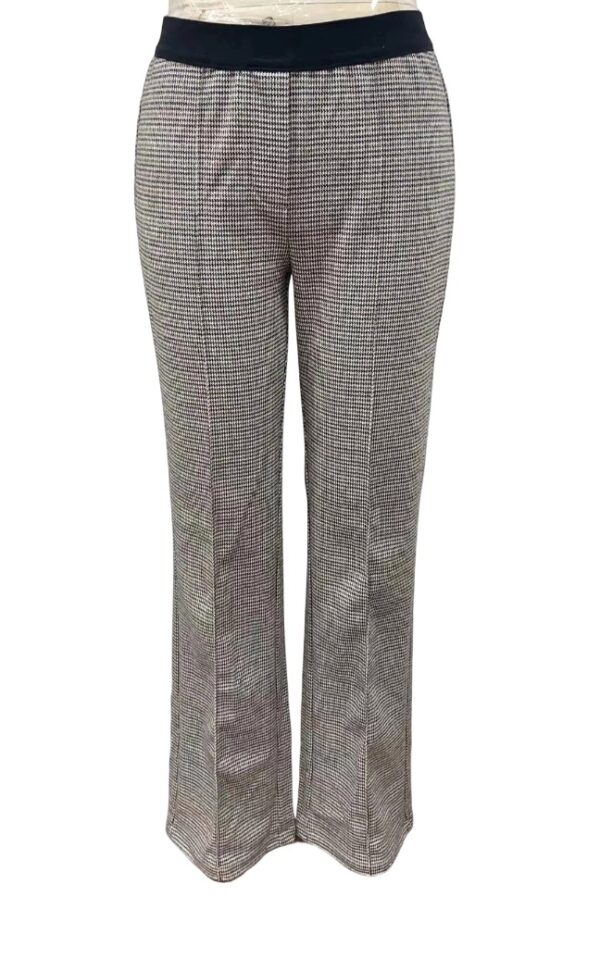 Stylish checked wide-leg trousers with a black waistband, perfect for office wear or casual outings, showcasing a classic pattern and comfortable fit.