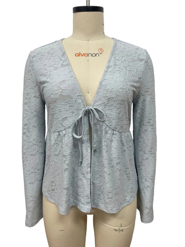 Light gray lace women's top with V-neck and bow tie detail, perfect for stylish casual or formal wear.