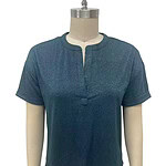 Stylish blue short-sleeve blouse with a subtle shimmer, round neckline, and front zipper detail, perfect for casual or office wear.