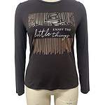 Black long sleeve women's T-shirt with geometric and striped design and the phrase 'Enjoy the little things' in white script.