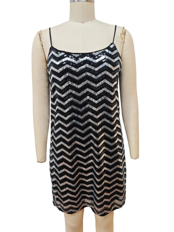 Black and silver sequin dress with chevron pattern, spaghetti straps, perfect for evening wear or parties.