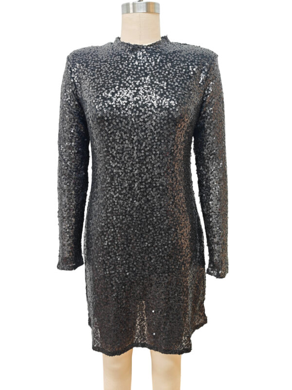 Black long-sleeve sequin dress with high neckline, perfect for evening events and parties, showcasing a glamorous and stylish look.
