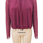Stylish pink blouse with rhinestone embellishments, long sleeves, and pleated neckline, perfect for fashionable women.