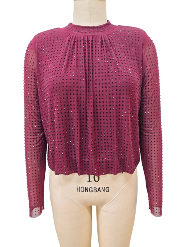 Stylish pink blouse with rhinestone embellishments, long sleeves, and pleated neckline, perfect for fashionable women.